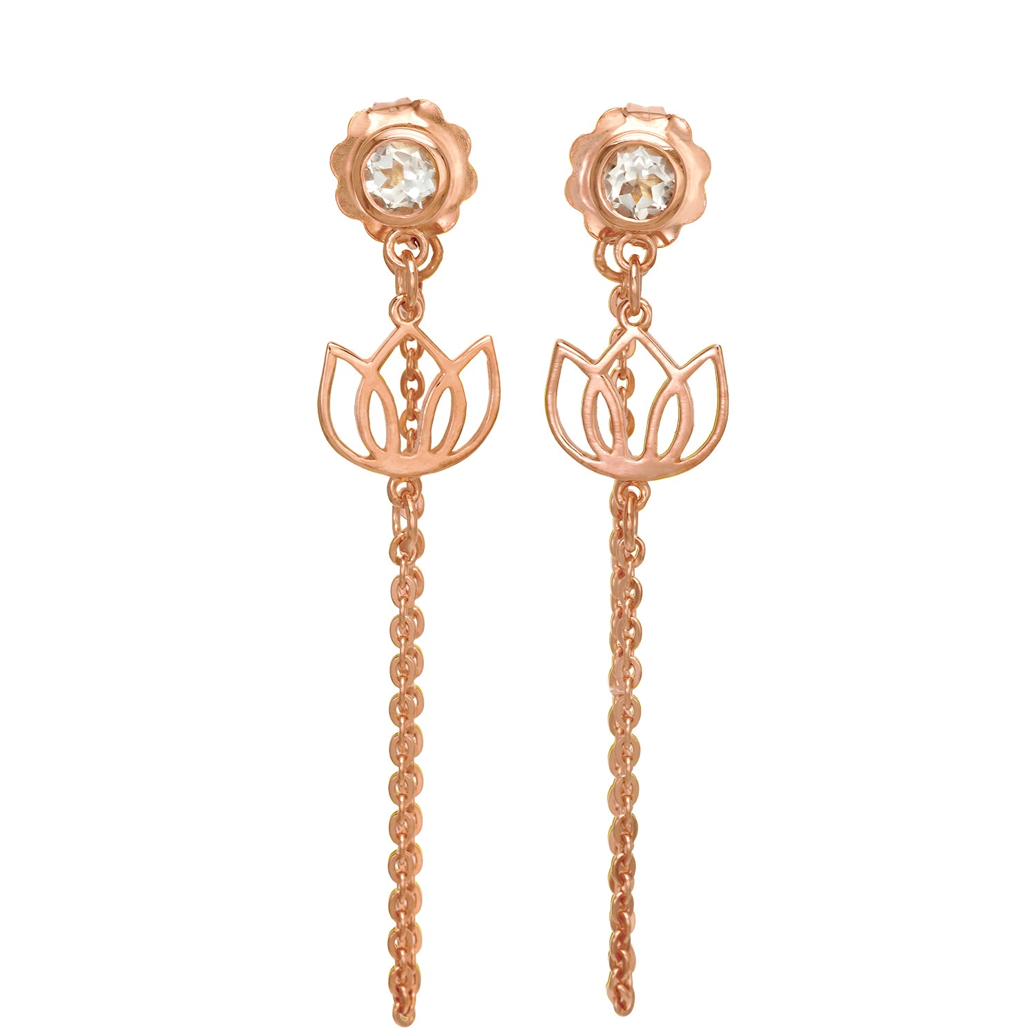 Rosévergoldete Lotus Ohrstecker mit Bergkristall und feinem Kettchen von ETERNAL BLISS - Spiritueller Schmuck