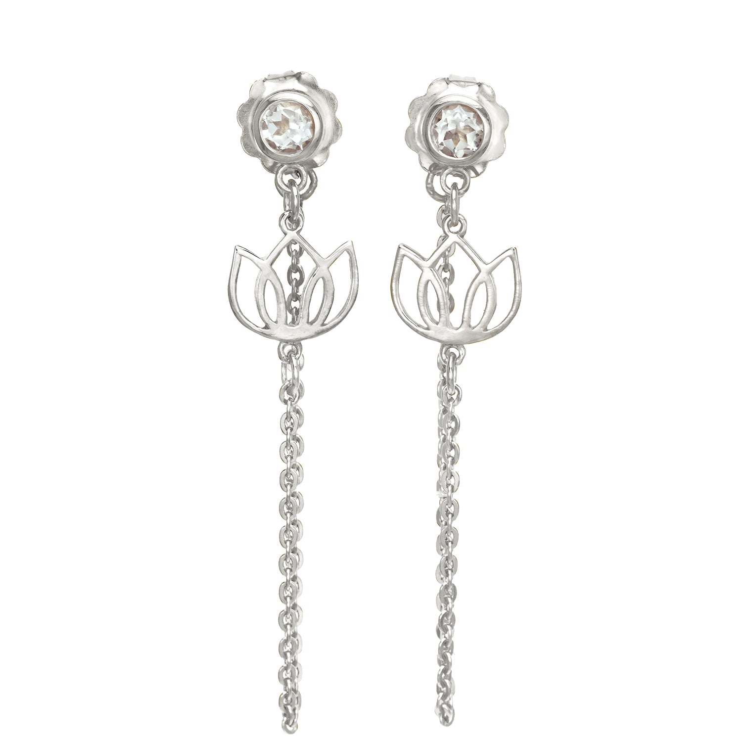 Silberne Lotus Ohrstecker mit Bergkristall und feinem Kettchen von ETERNAL BLISS - Spiritueller Schmuck