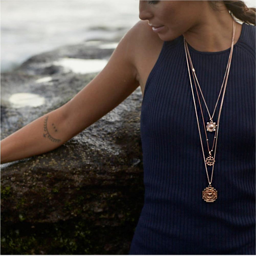 Kali Yantra pendant with ruby rose gold-plated