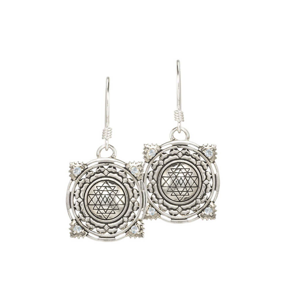 Sri Yantra Ohrhänger mit Aquamarinen Mini Silber von ETERNAL BLISS - Spiritueller Schmuck