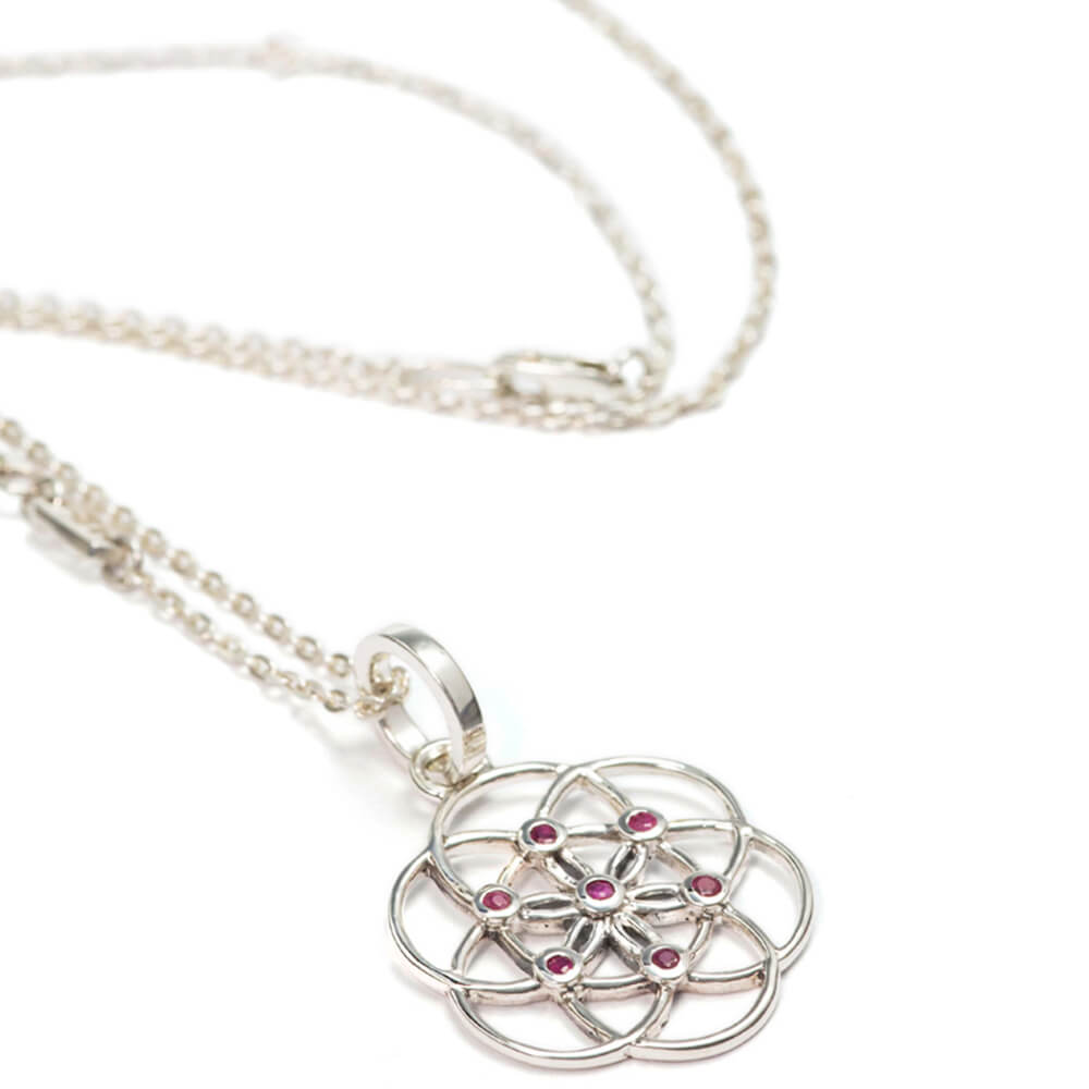 Seed of Life pendant made of sterling silver with rubies from the spiritual yoga jewellery collection
