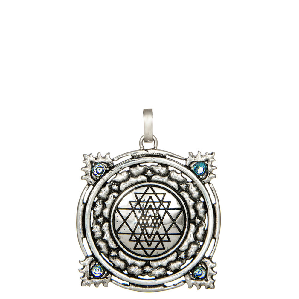 Sri Yantra pendant with 4 aquamarines in Sterling silver