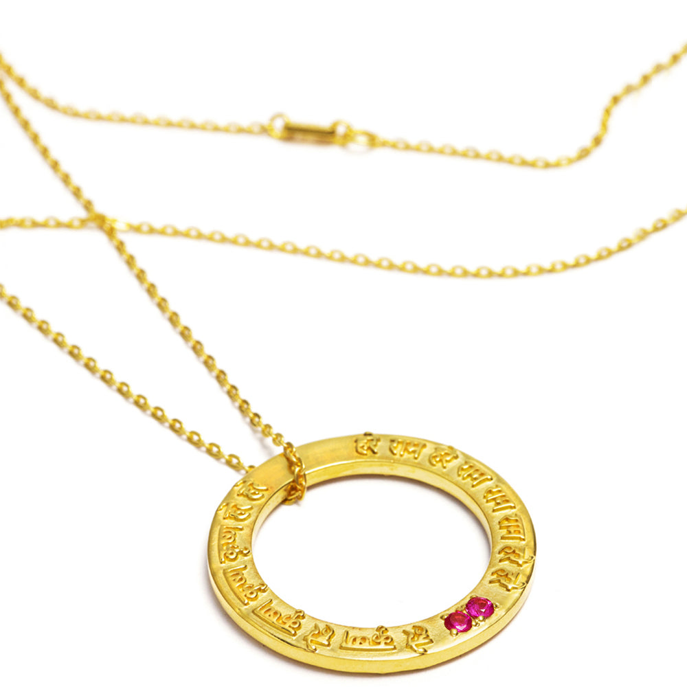 Krishna Mantra pendant in gold-plated sterling silver with 2 rubies from ETERNAL BLISS from the Spiritual Yoga Jewelry Collection - Love Mantra