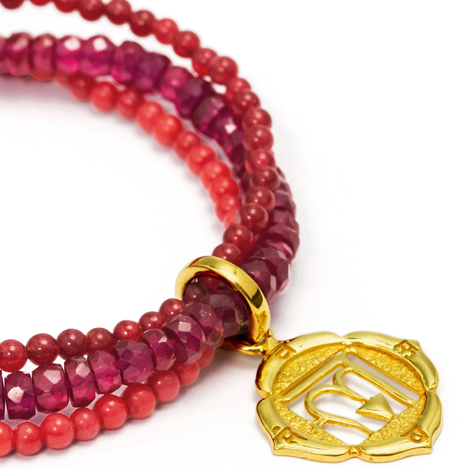 Root chakra bracelet made of three gemstone strands with high-quality gold-plated sterling silver applications from ETERNAL BLISS - Spiritual jewelry