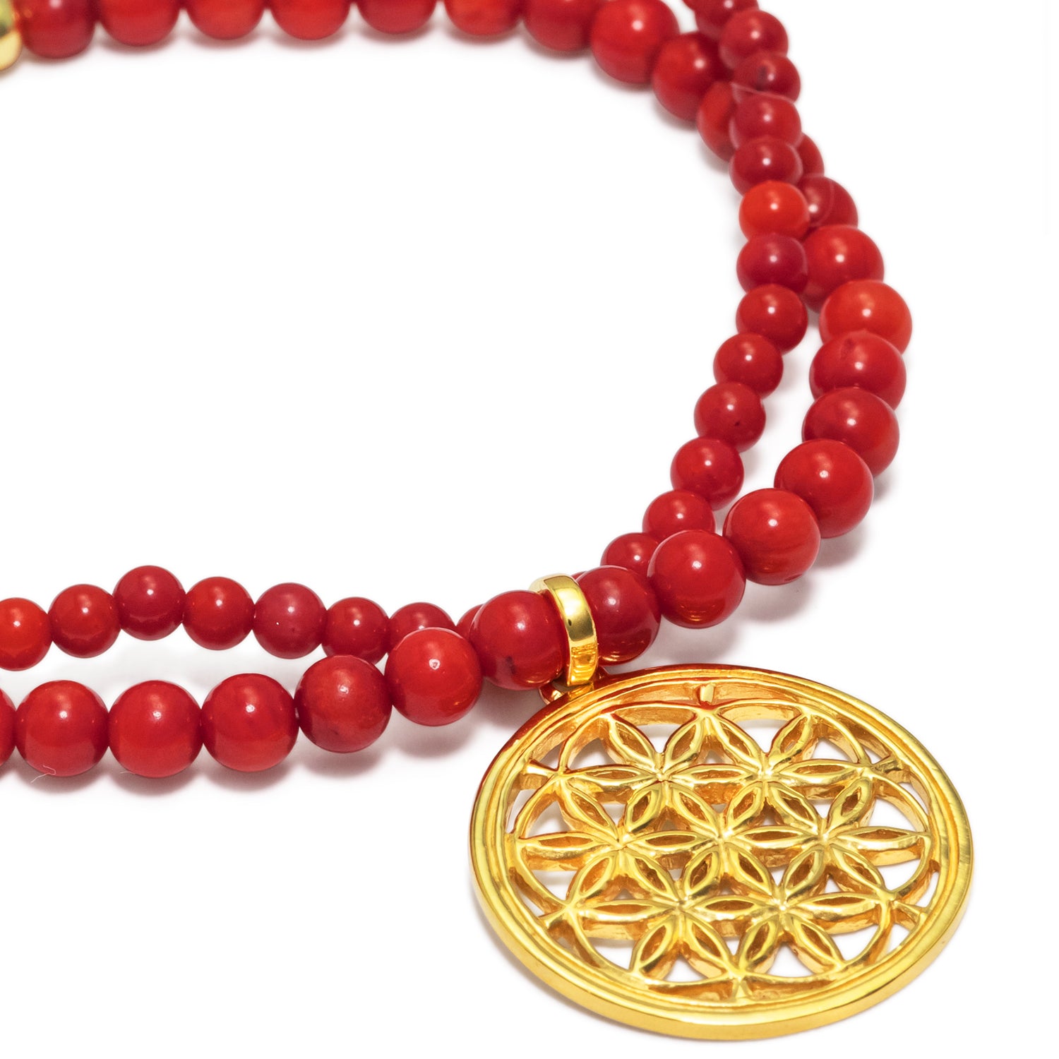 Coral bracelet with flower of life amulet made of gold-plated sterling silver