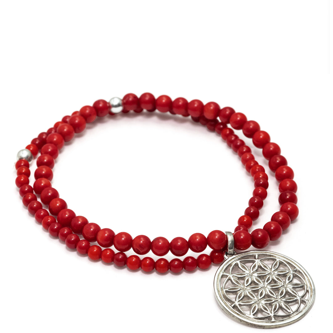 Korallen Armband mit Blume des Lebens Amulett aus Sterling Silber