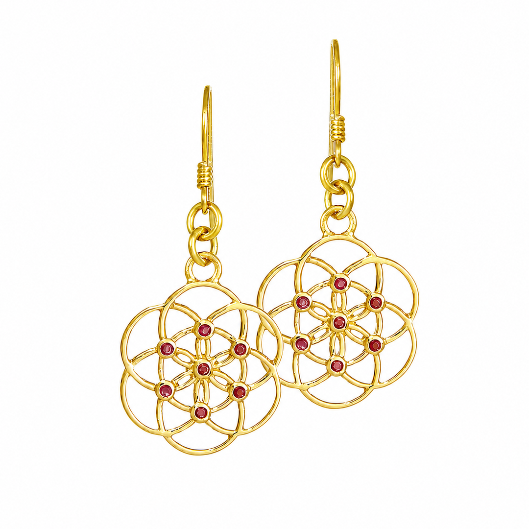 Vergoldet Samen des Lebens Ohrringe mit 7 Rubinen, Symbol der Urenergie, handwerklich gearbeitet aus Sterling Silber von Eternal Bliss 