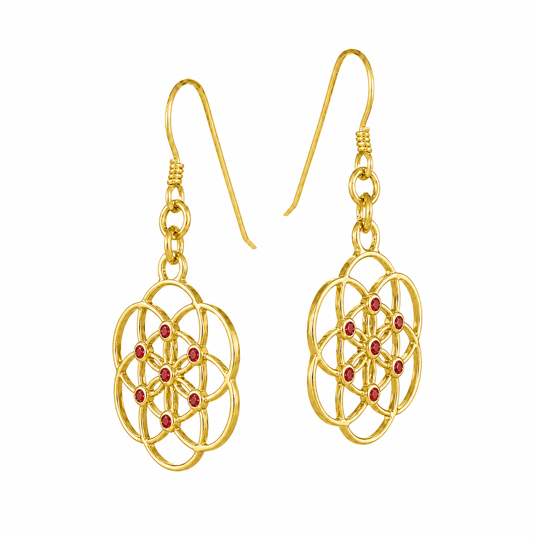 Gold-plated "Seed of Life" earrings with 7 rubies—a symbol of primordial energy—handcrafted from sterling silver by Eternal Bliss, side view