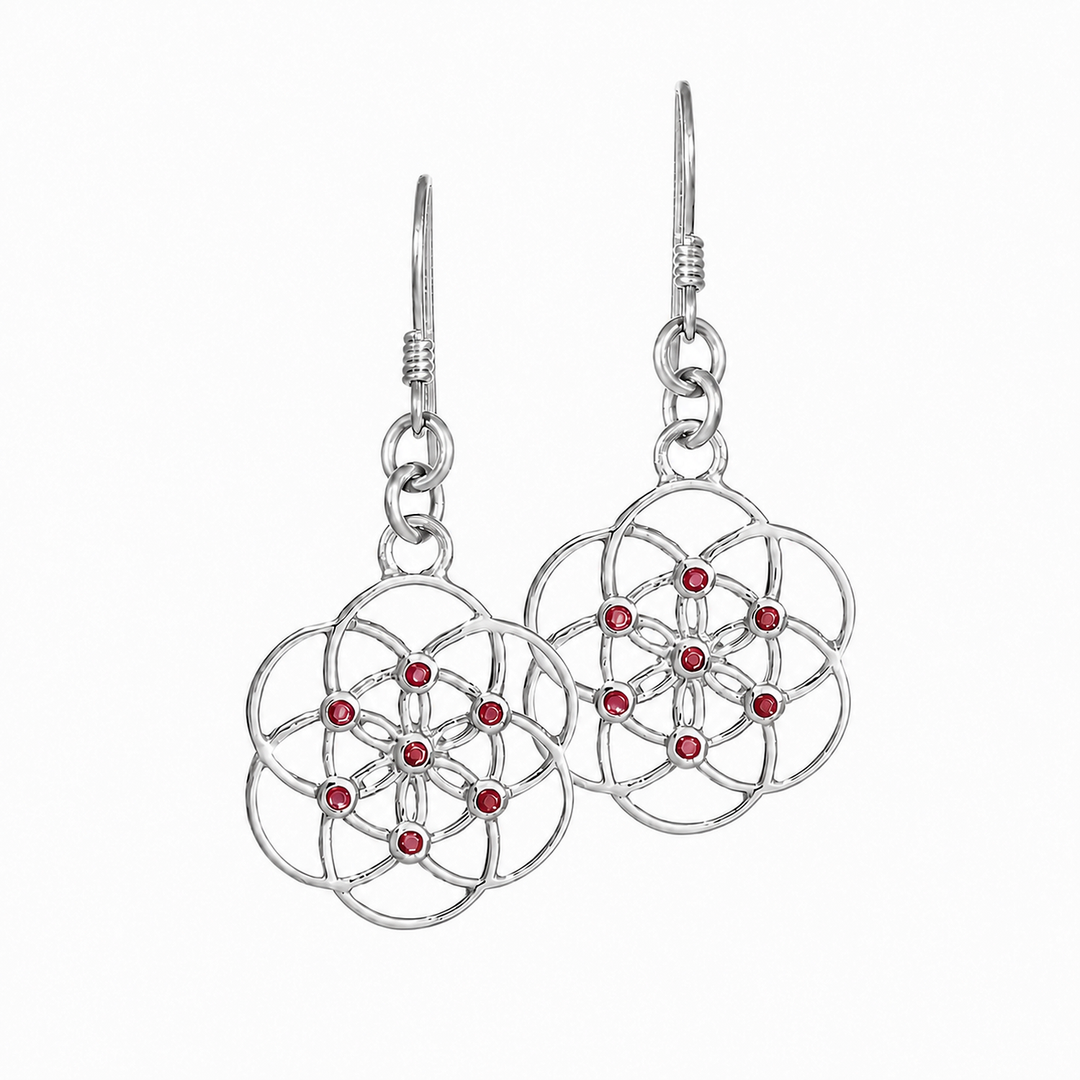 Samen des Lebens Ohrringe mit 7 Rubinen, Symbol der Urenergie, handwerklich gearbeitet aus Sterling Silber von Eternal Bliss 