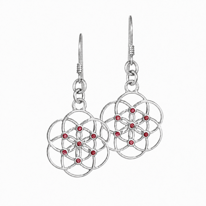 Samen des Lebens Ohrringe mit 7 Rubinen, Symbol der Urenergie, handwerklich gearbeitet aus Sterling Silber von Eternal Bliss 