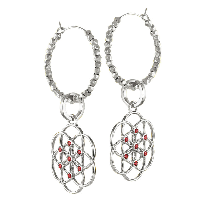 Sterling Silver Seed of Life Hoop Earrings with Bali Beads and Rubies by Eternal Bliss – Spiritual Jewelry