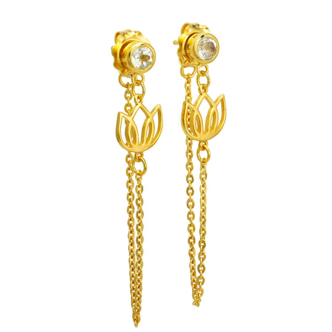 Gold-plated lotus earrings with rock crystal and a fine chain by ETERNAL BLISS - Spiritual Jewelry