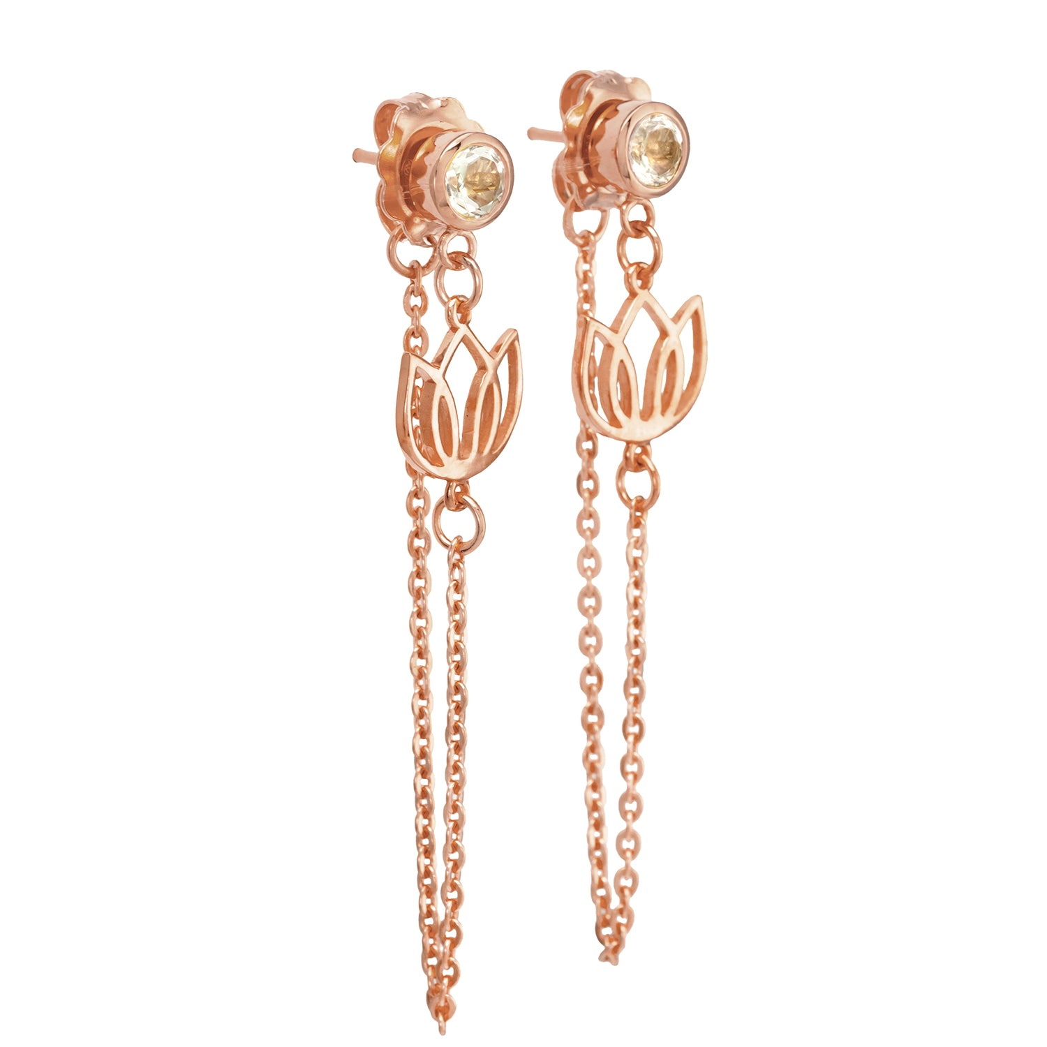 Rosegold-plated lotus earrings with rock crystal and a fine chain by ETERNAL BLISS - Spiritual Jewelry