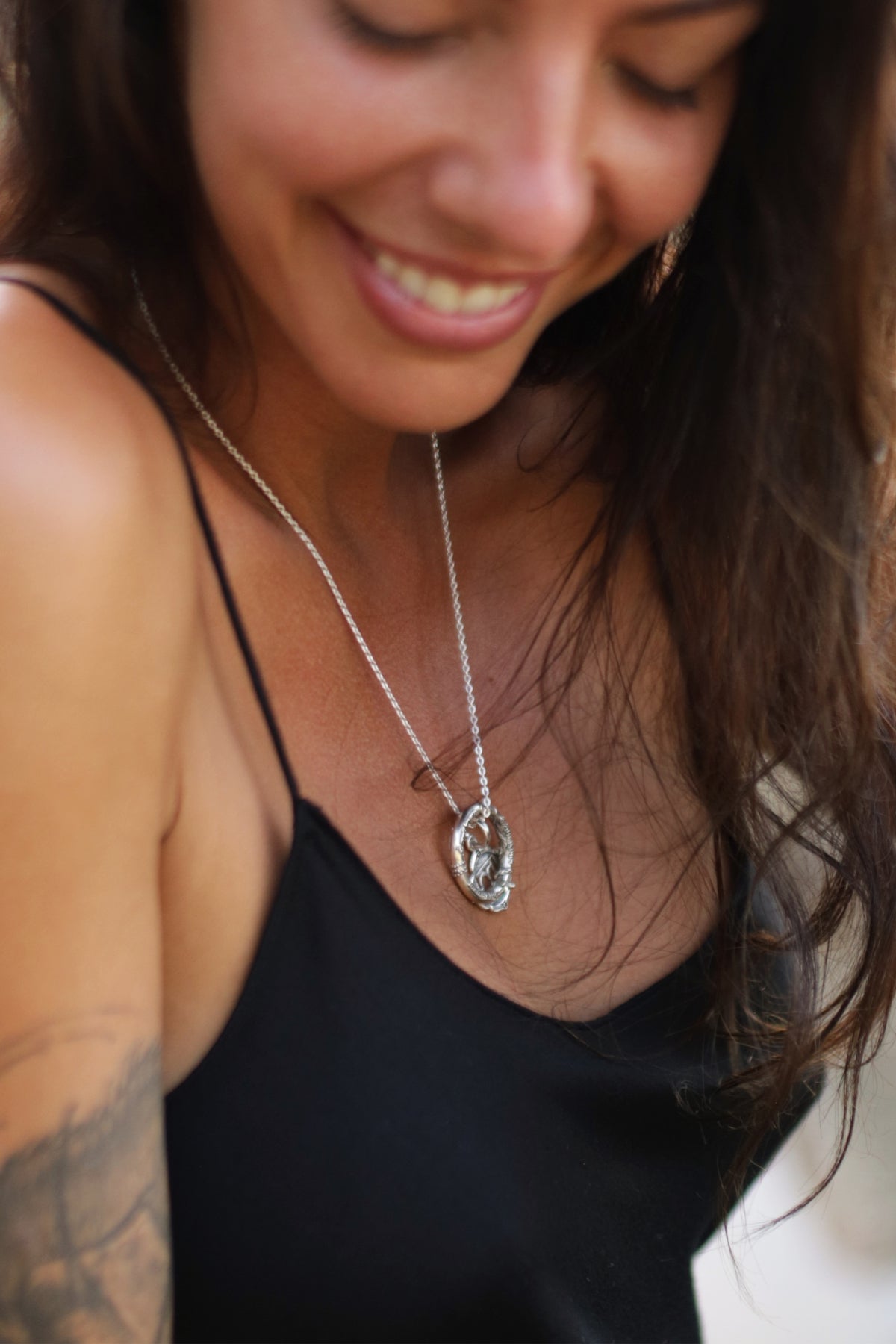 Spiritual jewelry: Gianna Winter, a yoga teacher in Bangkok, wears the "Essence of Being" necklace from the Shiva Mantra Collection.