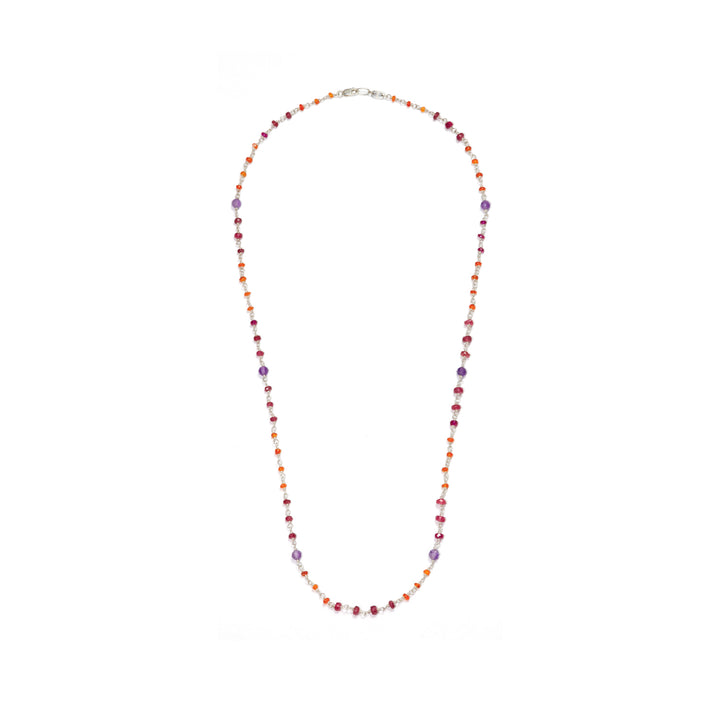 Gesamtansicht der Edelstein-Halskette "Prana" aus hochwertigem Sterling Silber in 60cm Läange mit Rubinen, Karneolen, Amethyst von Eternal Bliss