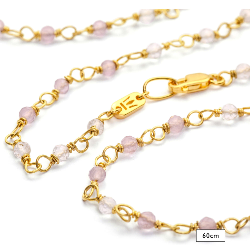 Detail of 60cm gemstone necklace "Mental Flow" made of high-quality gold-plated sterling silver with lavender and rock crystal by Eternal Bliss