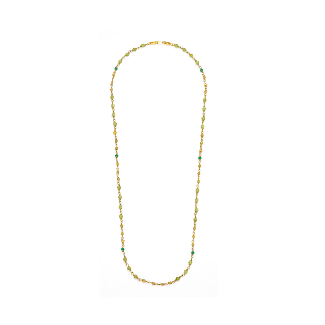 Übersicht von Detail von Edelstein-Halskette "Inspiration" in 60cm Länge aus Sterling Silber vergoldet mit Smaragd, Saphir, Peridot und Sandelholz von Eternal Bliss