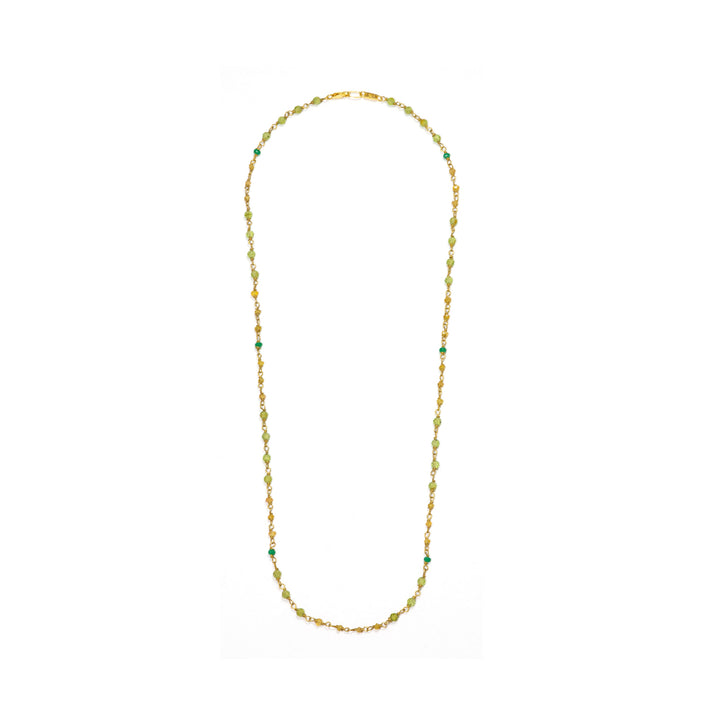 Übersicht von Detail von Edelstein-Halskette "Inspiration" in 60cm Länge aus Sterling Silber vergoldet mit Smaragd, Saphir, Peridot und Sandelholz von Eternal Bliss