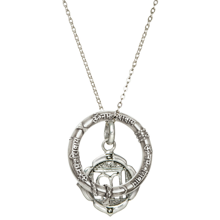 Silberne Halskette Essenz-des-Seins aus einem Shiva-Mantra- und einem Wurzel-Chakra-Anhänger