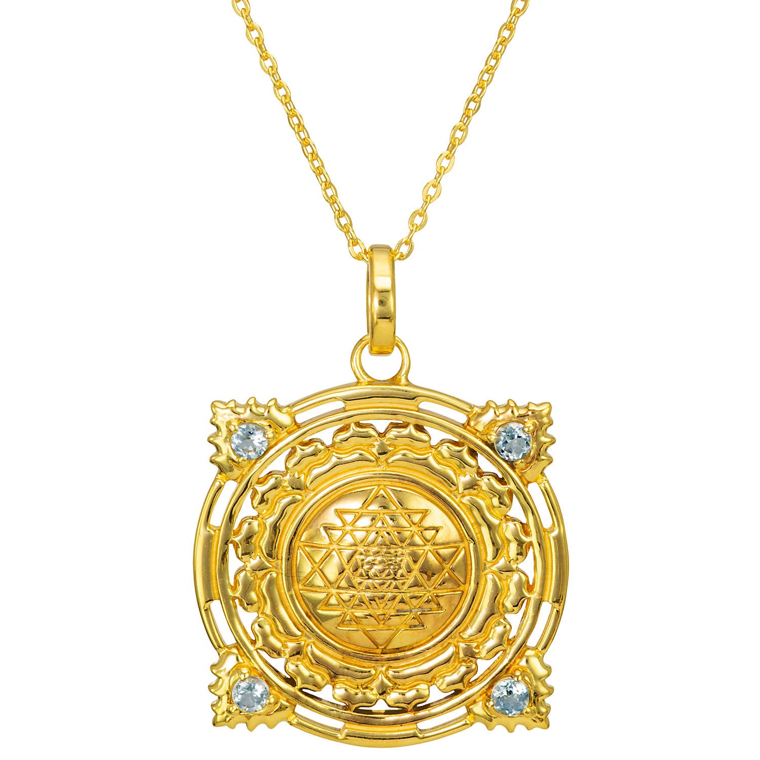 Sri Yantra Anhänger mit 4 Aquamarin Edelsteinen vergoldet von ETERNAL BLISS - Spiritueller Schmuck