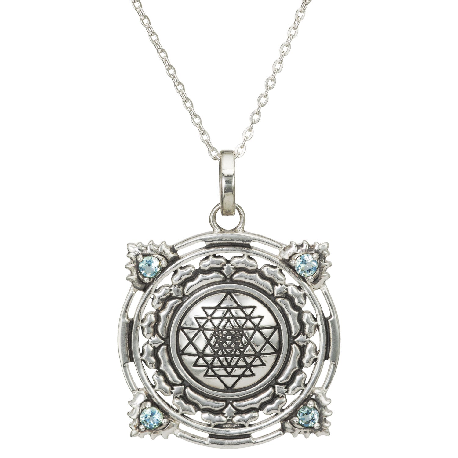 Sri Yantra Anhänger mit 4 Aquamarinen aus Sterling Silber von ETERNAL BLISS - Spiritueller Schmuck