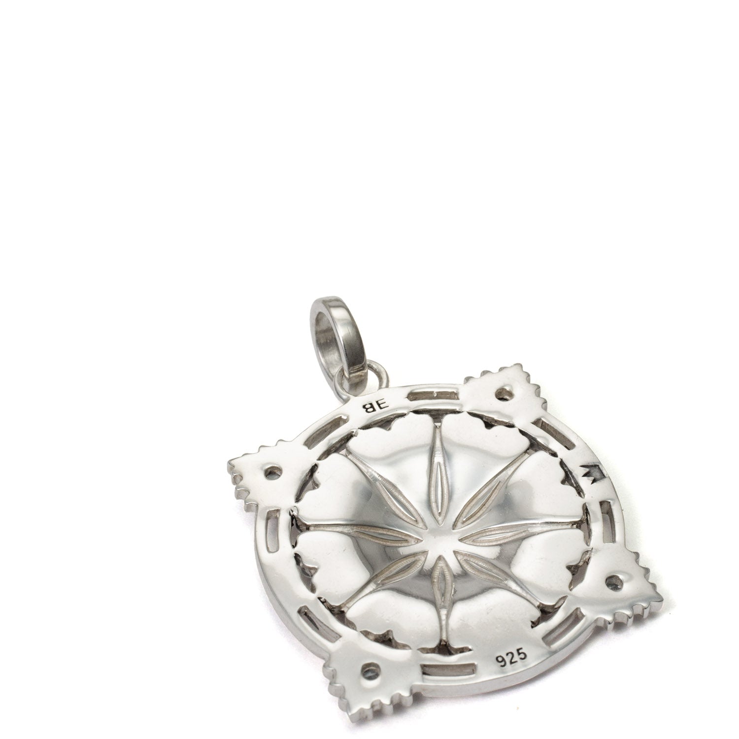 Aufwendig gearbeitete Rückseite des Sri Yantra Anhänger mit 4 Aquamarinen aus Sterling Silber