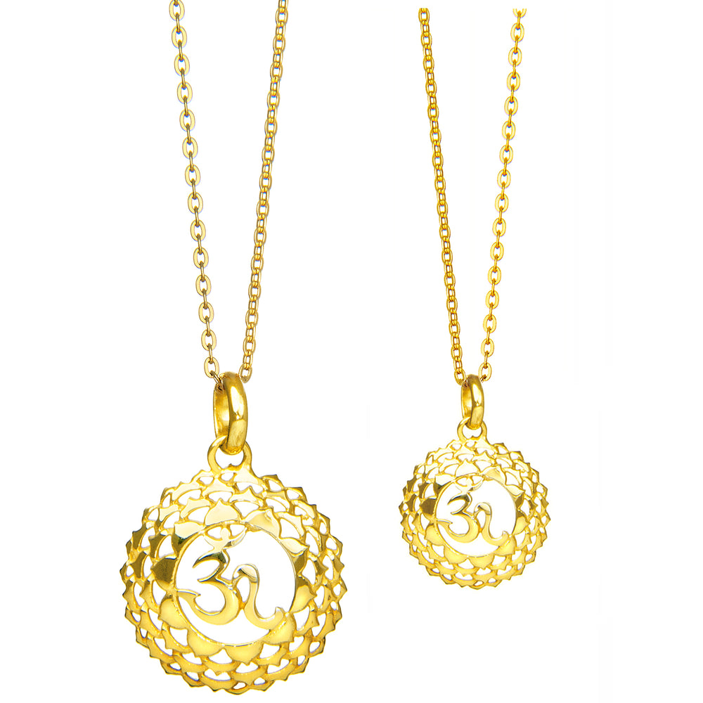 Gold-plated crown or sahasrara chakra pendant with mantra in two sizes by ETERNAL BLISS - Spiritual Jewelry