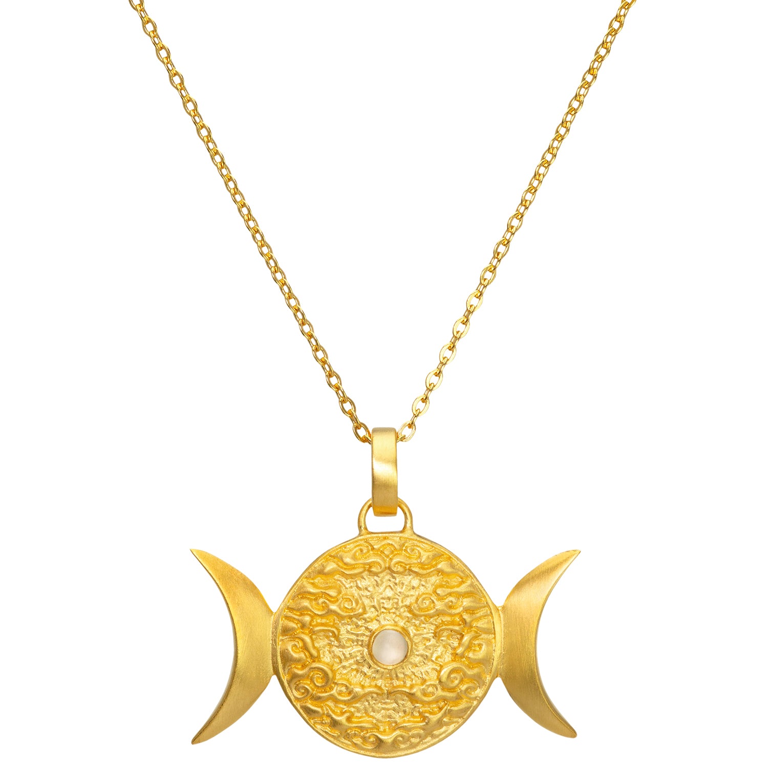 Mondphasenanhänger "Dreifaltige Göttin" mit Mondstein aus vergoldetem Sterling Silber