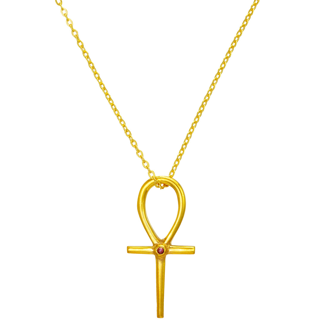 Ankh Anhänger vergoldetet aus Sterling Silber mit Rubin - Schlüssel des Lebens 