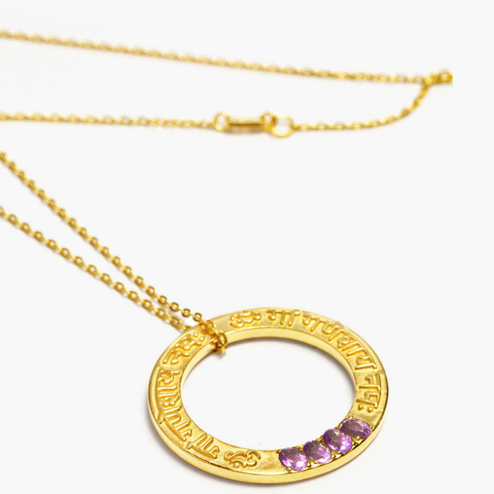  Ganesha Mantra Pendant with Raised Sanskrit Writing in Gold Plated Sterling Silver and Gemstones by ETERNAL BLISS from the Spiritual Yoga Jewelry Collection