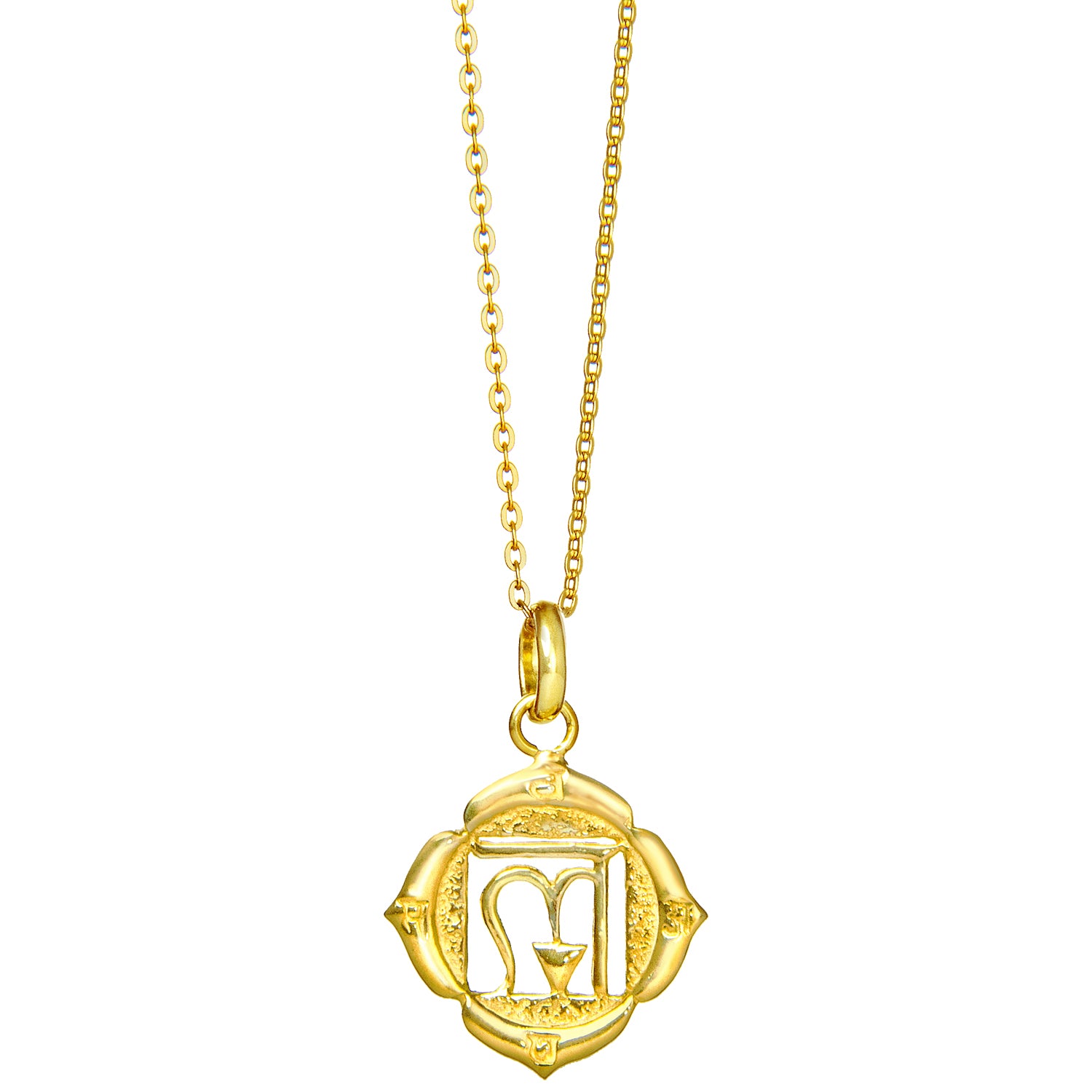 Basis Chakra Anhänger ( auch Muladhara Chakra) mit Beej Mantra vergoldet an einer feinen Halskette von ETERNAL BLISS - Spriritueller Schmuck