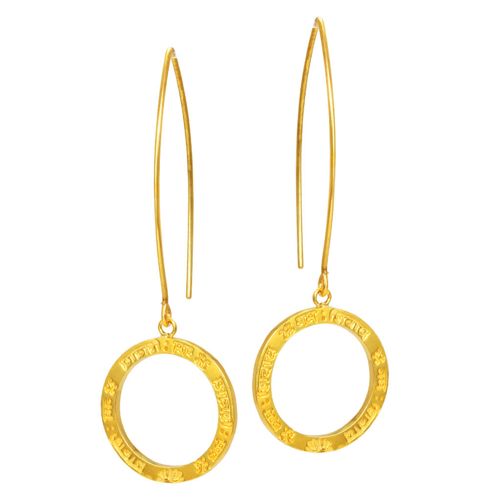Shiva Mantra long hook earrings made of gold-plated sterling silver by ETERNAL BLISS