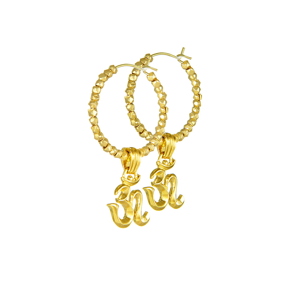 Gold-platedOm mini hoop earrings with tebitian beads by ETERNAL BLISS - Spiritual Jewellery
