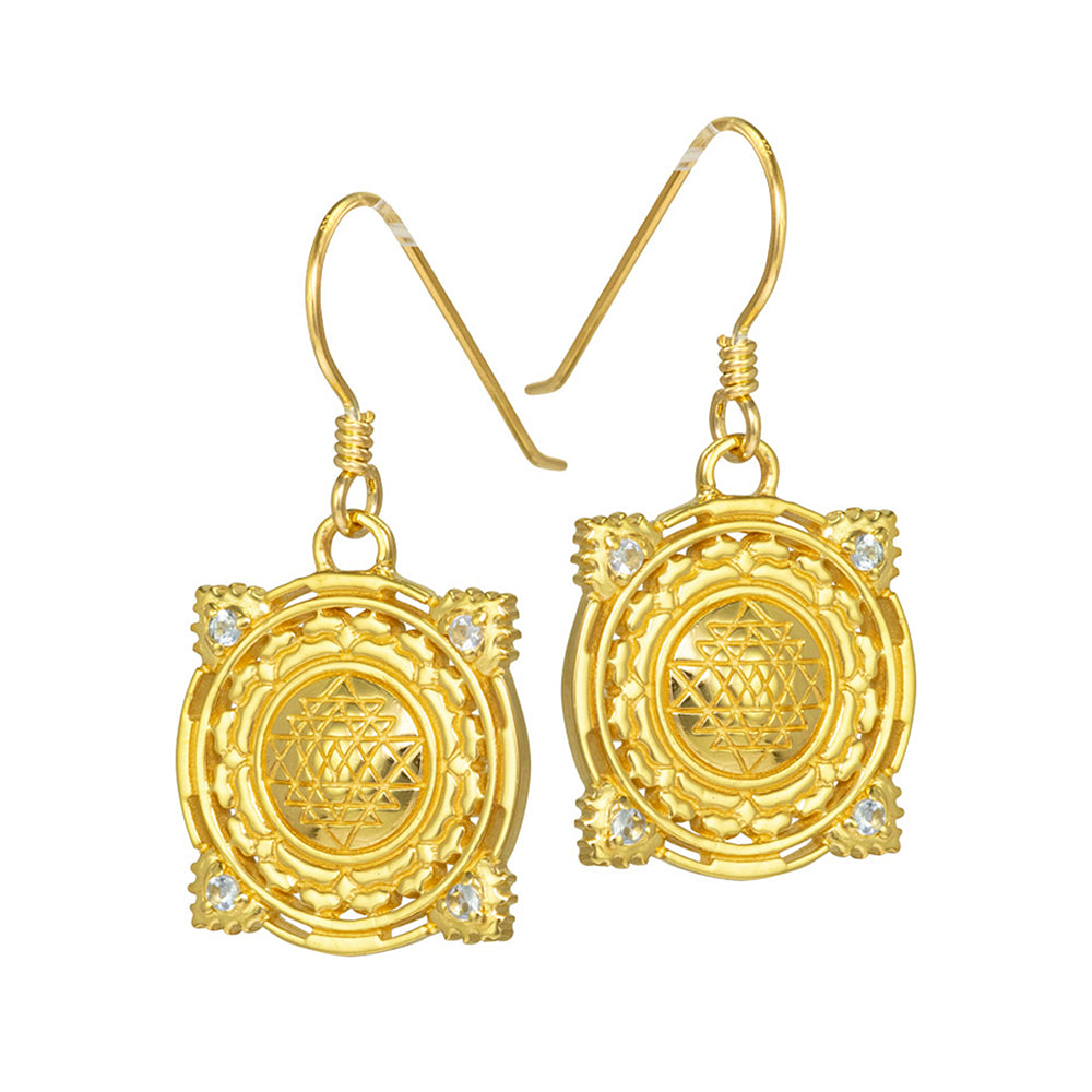 Sri Yantra earrings mini with Aquamarines gold-plated by ETERNAL BLISS - Spiritual Jewellery