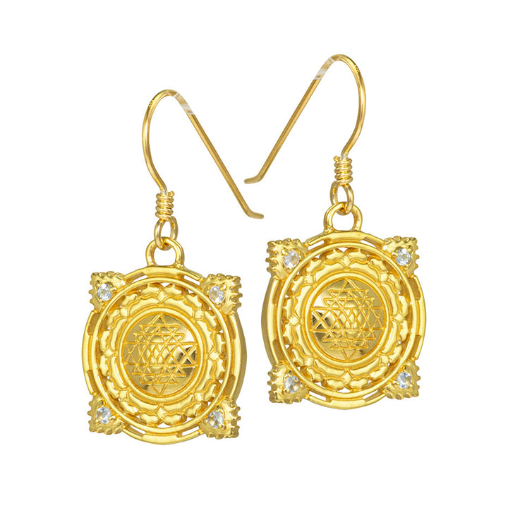 Sri Yantra earrings mini with Aquamarines gold-plated by ETERNAL BLISS - Spiritual Jewellery
