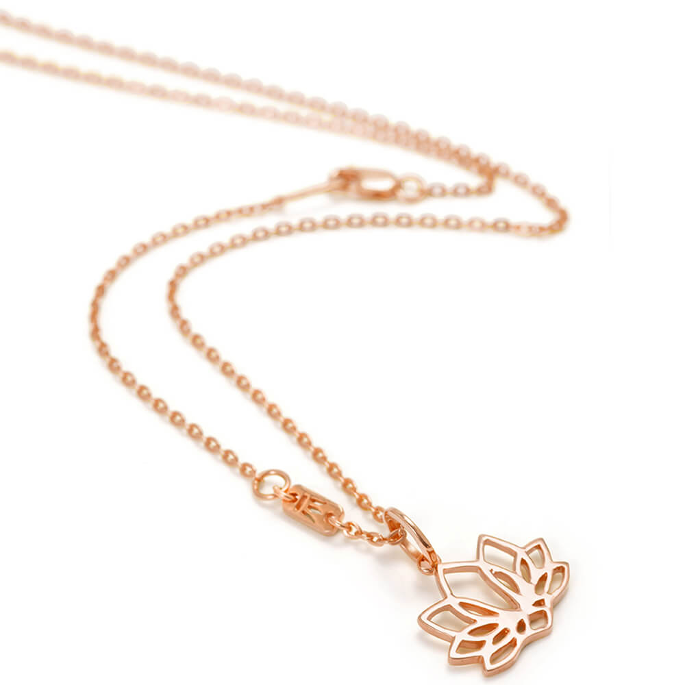 Seven-petalled lotus pendant made of rosegold-plated sterling silver with brown choker by ETERNAL BLISS - Spiritual symbol jewellery