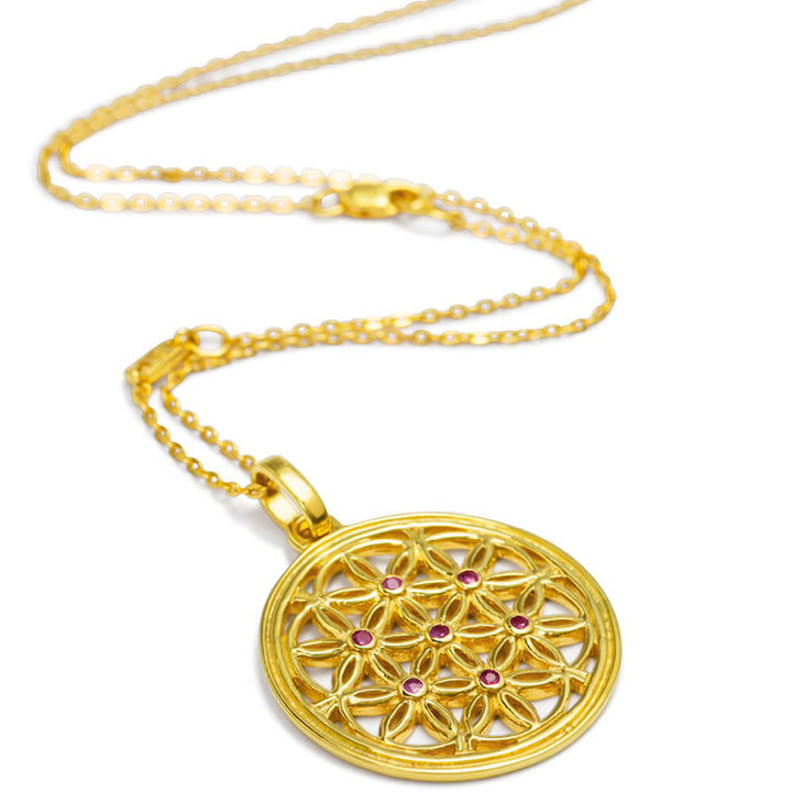 Flower of Life pendant made of gold-plated sterling silver with rubies from the spiritual yoga jewellery collection