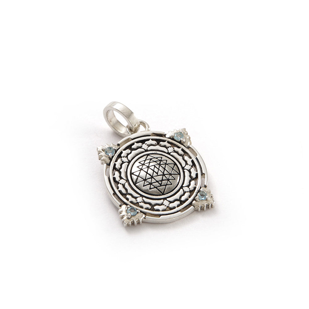 Sri Yantra pendant Mini Sterling Silver with aquamarine gemstones by ETERNAL BLISS